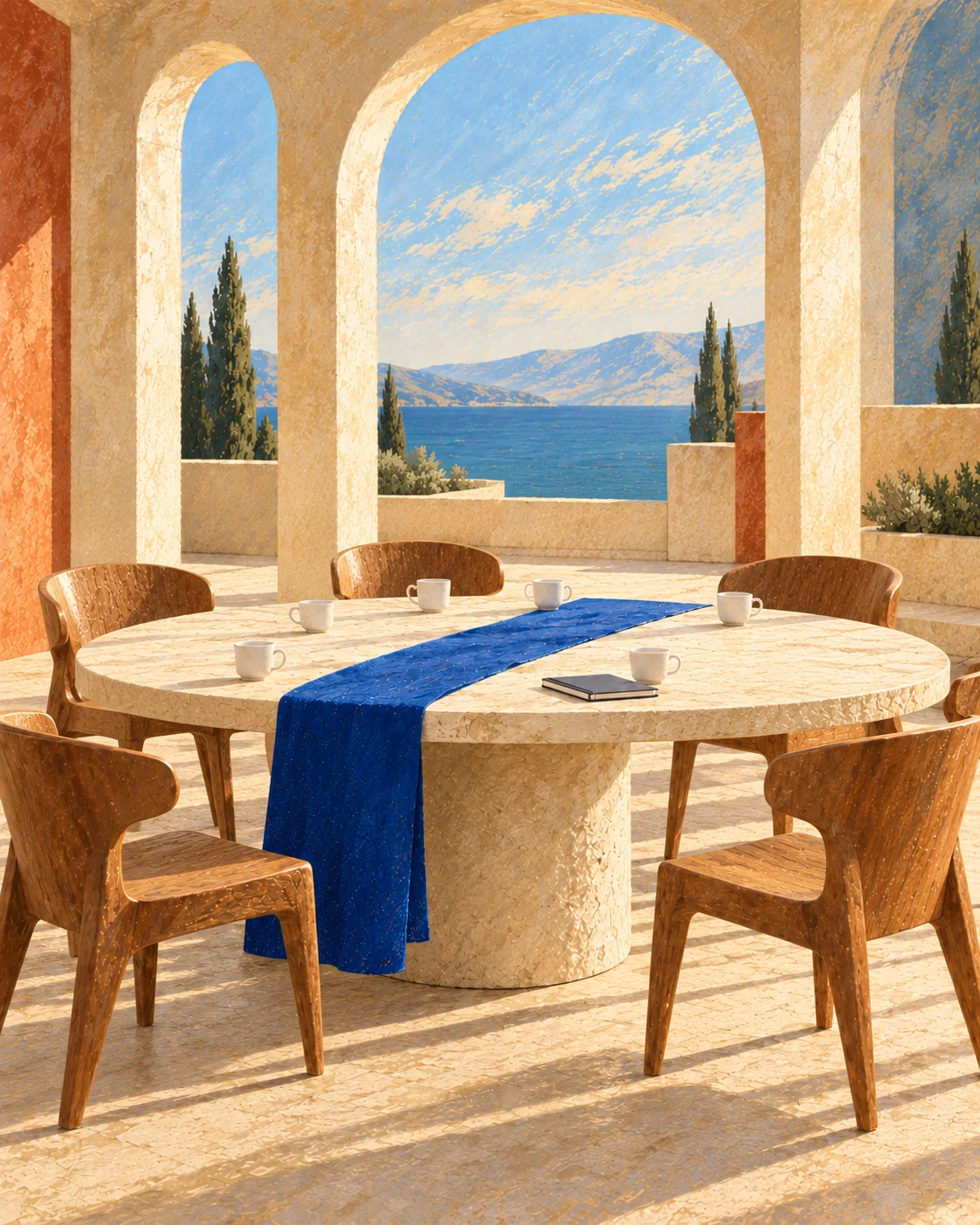 An empty table prepared for a Fellowship conversation, overlooking the sea
